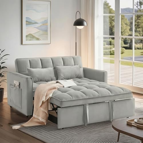 Sleeper Sofa Bed with Adjustable Backrest & Side Pockets, Gray