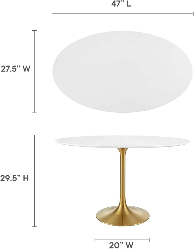 Modway Lippa 48" Oval-Shaped Mid-Century Modern Dining Table with White Wood Top and Gold Base