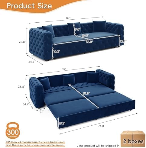 89" 4-Seater Queen Size Pull Out Sofa Bed with 3 Pillows, Blue