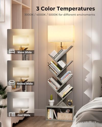 Evermagin 6 Tier Tree Bookshelf with Light, Bookcase, Gray