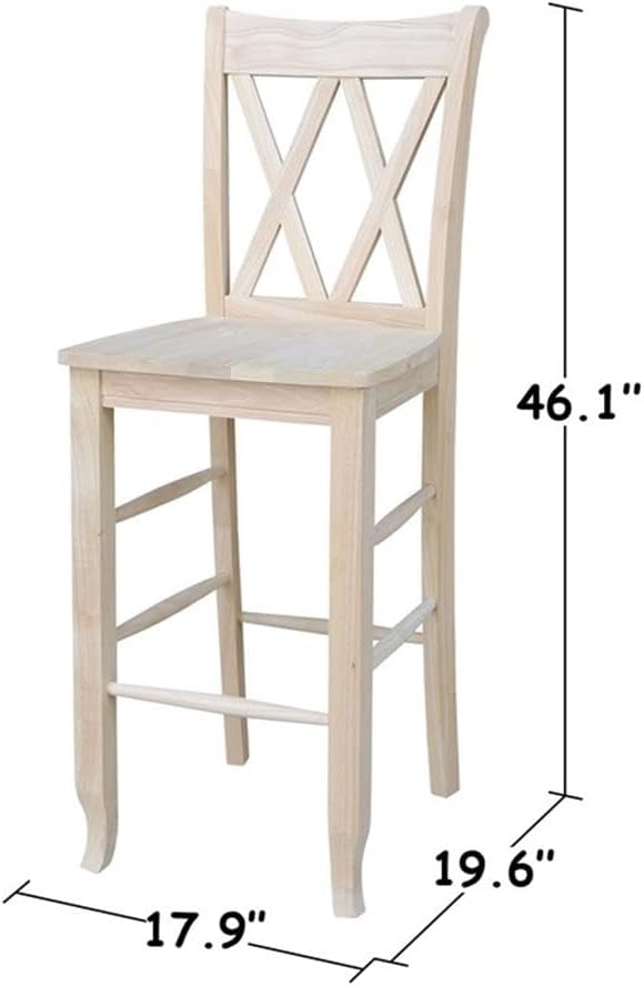 IC International Concepts Double X-Back Bar Height Stool Solid Wood, Real Parawood, Easy Assembly, 17.91" W x 19.59" D x 46.22" H 225 lbs wt Capacity, DIY, Paint or Stain Your Way, Unfinished