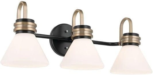 Kichler Farum 26 Inch 3 Light Vanity with Opal Glass in Black with Champagne Bronze Accents for Bathrooms and Powder Rooms, (26" W x 9.5" H x 9.5" D), 55155BK