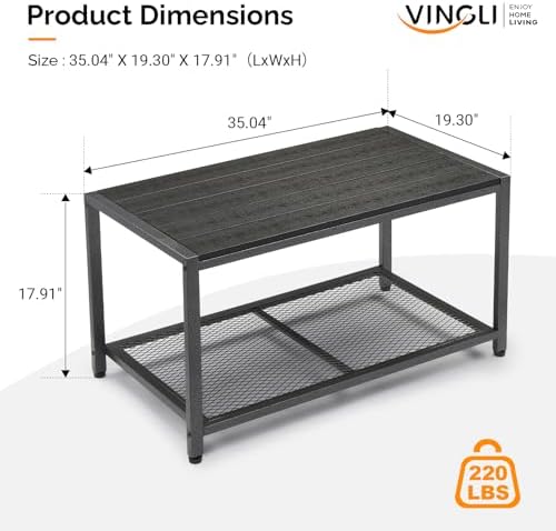 VINGLI Outdoor Coffee Table with Double-Layer Storage, Rectangle Weather-Resistant Patio Coffee Table for Garden, Balcony, Hot Tub, Poolside, Heavy-Duty Metal Frame, Black
