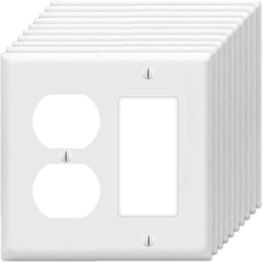 Duplex Outlet/Decorator Rocker Light Switch Wall Plates 2-Gang Switch Outlet Electrical Cover Plate Unbreakable Thermoplastic Faceplate for Light Receptacle Outlet Switch, White (10 Pack)