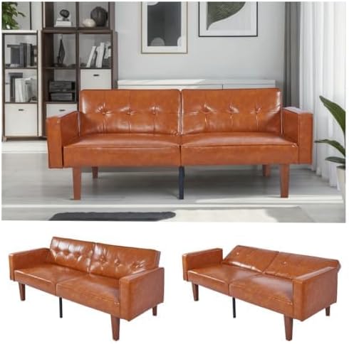 Adjustable Backrest Convertable Sofa, Modern PU Leather 2-Seat Futon Sofa, Convertible Faux Leather Sleeper Couch with Armrests, Couch for Living Room Home Office Spaces