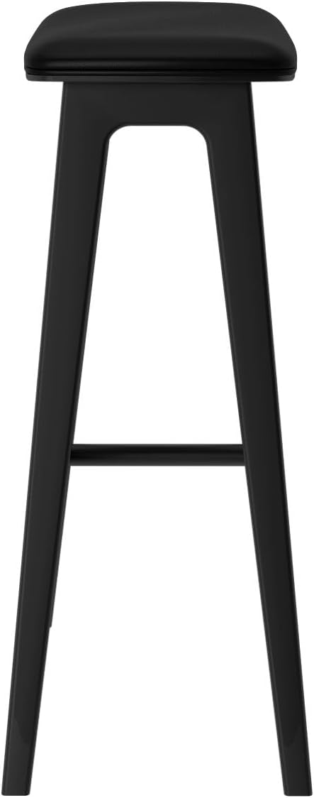 Plank+Beam Beryl Bar Height Stool - Mid-Century Modern Rubberwood Bar Stool with Faux Leather Seat, Metal Footrest, Easy Assembly, 4-Pack, Black/Black