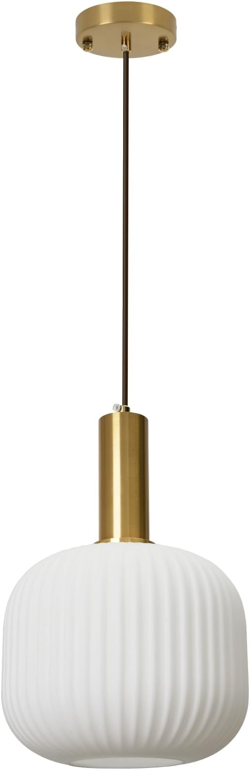 Milk Glass Pendant Light, Mid Century Modern Pendant Lighting with Striped Glass Globe, White and Gold Pendant Ceiling Light Fixture for Kitchen Island Dining Room Bedroom Hallway