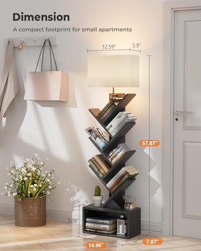 Evermagin 6 Tier Tree Bookshelf with Light, Bookcase, Black