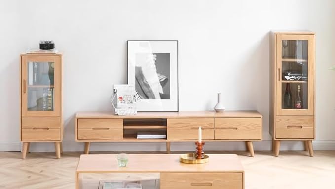 100% Solid Oak Storage Cabinet, Mid Century Modern Buffet Cabinet with Storage, Wooden Sideboard with Door and Adjustable Shelves for Living Room, Kitchen (14.96" W× 12.60" D× 47.24" H)