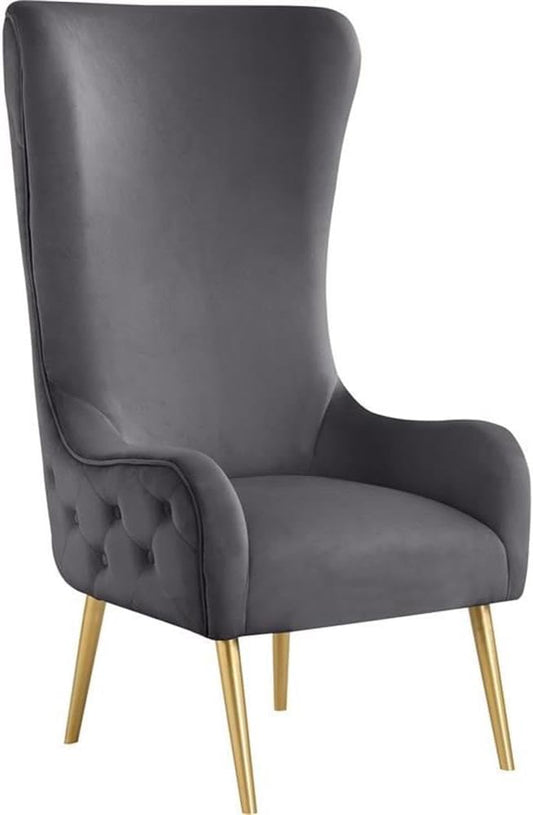 Meridian Furniture 536Grey Alexander Collection Modern | Contemporary Velvet Upholstered Accent Chair with Sturdy Gold Metal Legs and Deep Button Tufting on Back, 27" W x 33" D x 51" H