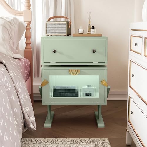 RoyalCraft Nightstand with LED Light Strips, Green End Table with 360° Rotating Drawer, Modern Bedside Table with Glass Door Storage, Wood Night Stand Cabinet for Bedroom, Home Office, Green