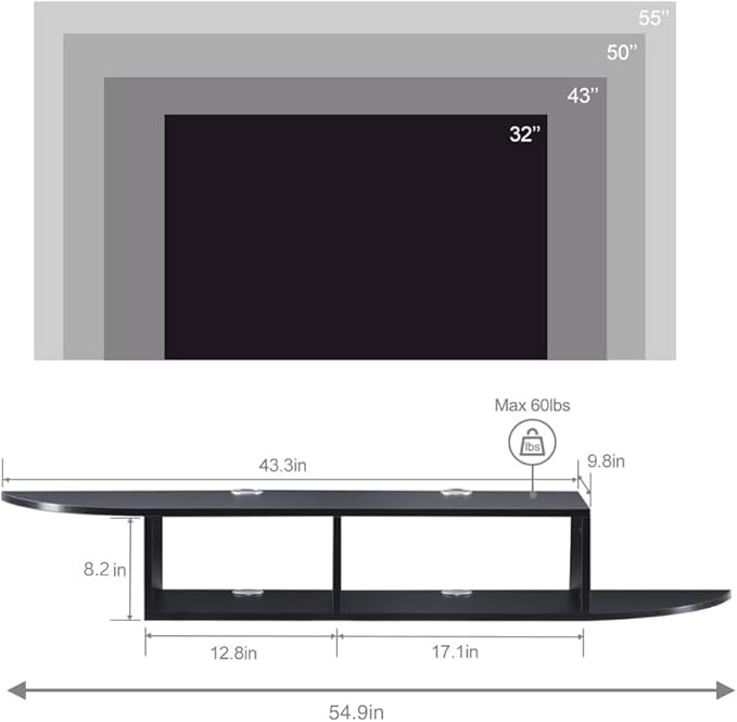GHC Floating TV Stand, Wall Mounted Entertainment Center and Cabinet Shelf, TV Console with Storage, Media Console for DVD Player, Space-Saving Under TV Shelf for Bedroom, Living Room (Black)
