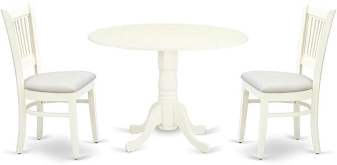 East West Furniture DLVA3-LWH-C 3 Piece Modern Dining Table Set Contains a Round Wooden Table with Dropleaf and 2 Linen Fabric Upholstered Dining Chairs, 42x42 Inch, Linen White