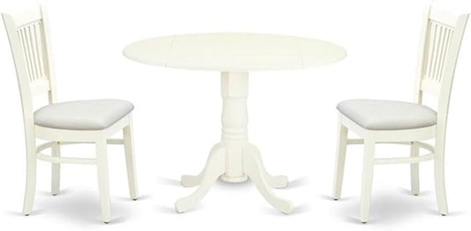East West Furniture DLVA3-LWH-C 3 Piece Modern Dining Table Set Contains a Round Wooden Table with Dropleaf and 2 Linen Fabric Upholstered Dining Chairs, 42x42 Inch, Linen White