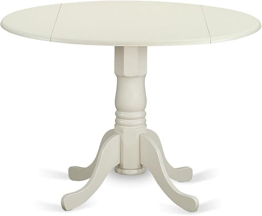 East West Furniture DLBO5-WHI-W 5 Piece Kitchen Table Set for 4 Includes a Round Dining Room Table with Dropleaf and 4 Solid Wood Seat Chairs, 42x42 Inch, Linen White