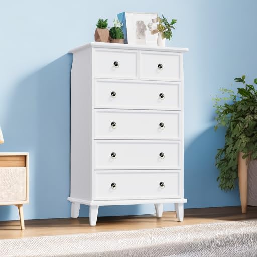 6 Drawer Tall Dresser for Bedroom, White Large Chest of Drawers, Modern Farmhouse 6 Drawers Storage Dresser for Living Room, Hallway, Entryway, Home Office