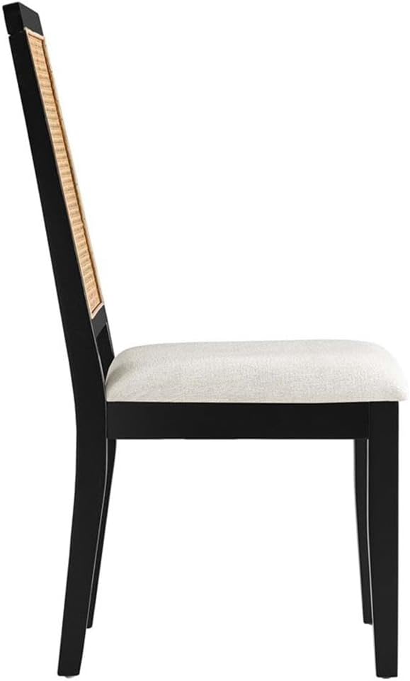 Modway Arlo Wood and Faux Rattan Dining Chairs Set of 2 in Black Natural Heathered Weave Ivory - Modern Farmhouse Accent Chairs - Fabric Upholstered Chairs for Dining Room