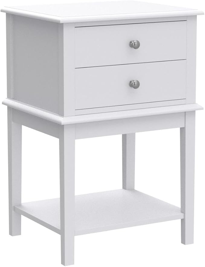 conifferism White Nightstand 2 Drawers and Storage Shelf, 28 Inch High Bedroom Night Stand, Contemporary Modern Bed Side Table, Living Room Country Cottage 19 Inch Wide End Table Metal Sliders