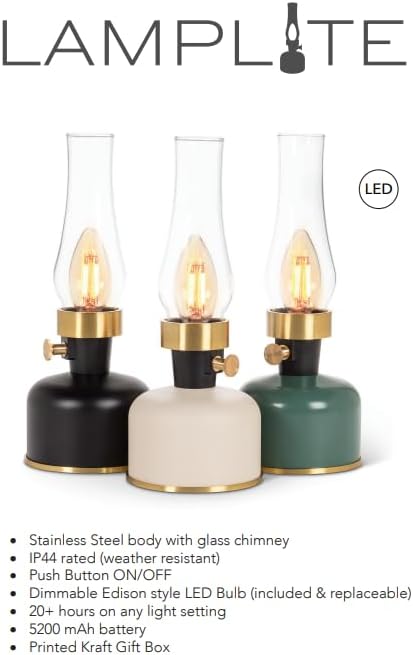 Abbott Collection Lantern LED Lamp with Chimney, Portable Table Light - Metal/Glass, Ivory (10.5" H)