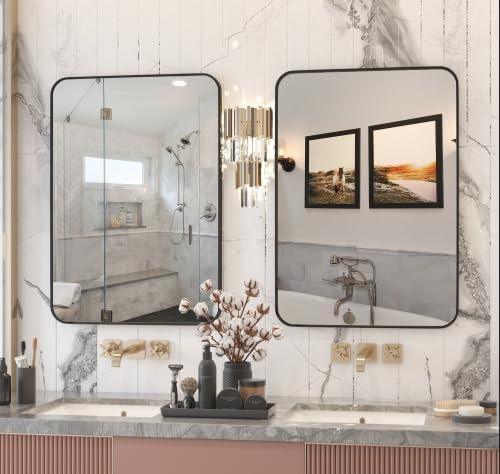 Manocorro 2-Pack Wall Mirror Bathroom Mirror, 20 x 28 Inch Black Rectangular Mirror with Aluminum Alloy Frame, Rounded Corner Hanging Mirror Decor for Entryway, Bedroom, Living Room