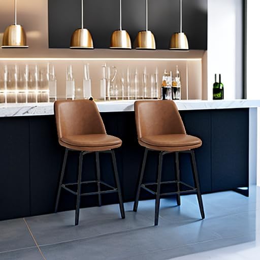 CHITA Swivel Bar Stools, 27.2" Counter Height Bar Stools Set of 2, FSC Certified Upholstered Modern Counter Stools, Metal Legs, Faux Leather, Saddle Brown