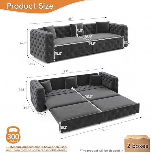 89" 4-Seater Queen Size Pull Out Sofa Bed with 3 Pillows, Gray