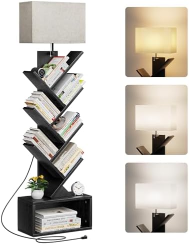 Evermagin 6 Tier Tree Bookshelf with Light, Bookcase, Black