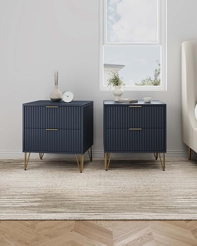 Manhattan Comfort Dumbo Modern Nightstand 2.0 with 2 Metal Feet | Splayed Gold Legs | Vertical Ribbed Design | No Tool Assembly Storage for Bedroom, Set of 2, Midnight Blue