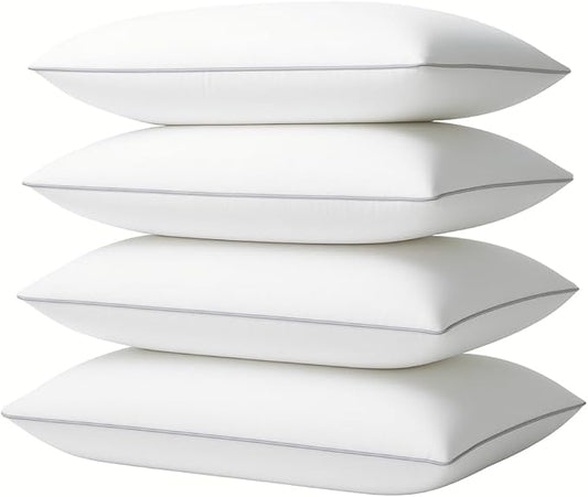 4 Pack Queen Size Bed Pillows for Sleeping – Soft & Supportive Down Alternative Pillows with Gray Piping, Easy to Wash, Hypoallergenic Sleeping Pillows for Side and Back Sleepers