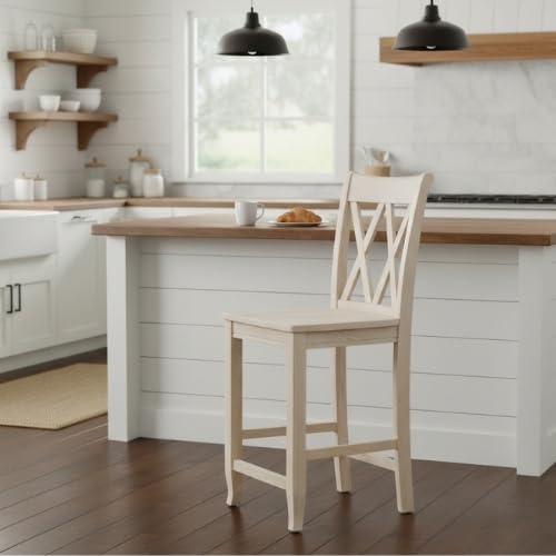 International Concepts Double X-Back Counter Stool, 24-Inch Seat, Solid Parawood, Unfinished