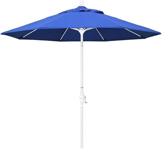 California Umbrella 9' Round Aluminum Pole Fiberglass Rib Market Umbrella, Crank Lift, Collar Tilt, White Pole, Royal Blue Olefin