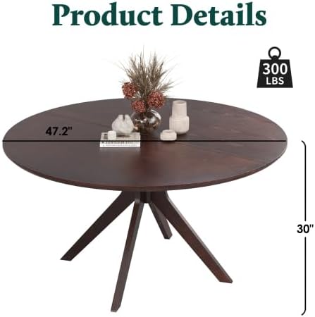 Bellemave Round Dining Table for 4-6, Solid Wood 47" Kitchen Table with Intersecting Pedestal Base, for Kitchen, Dining Room, Living Room (Walnut)