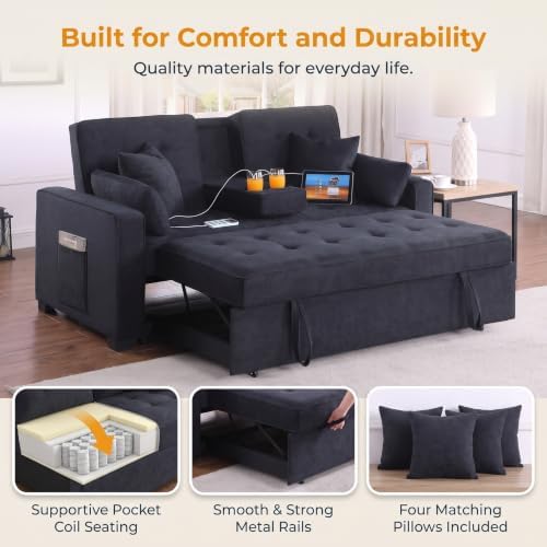 70" Queen Pull Out Sleeper Sofa with USB Port & Cup Holder, Gray