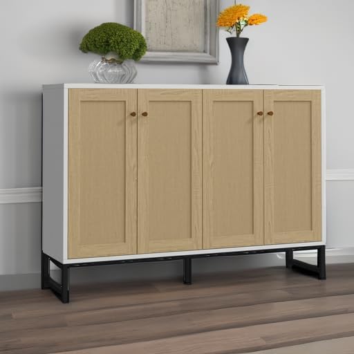 Panana Sideboard Accent Storage Cabinet with Rattan Decorated 4 Doors Dining Room Freestanding Kitchen Buffet Table Cupboard (White)