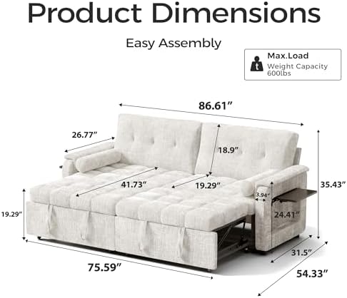 Convertible Sleeper Sofa Bed, 86 Inch Chenille Pull Out Couch with Side Table & Adjustable Backrest, Sectional Sleeper Sofa with Pull Out Bed for Living Room, Apartment, Beige