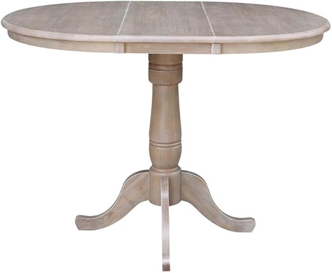 International Concepts 36" Round Top Pedestal Table with 12" Leaf-34.9" H-Dining or Counter Height, Washed Gray Taupe
