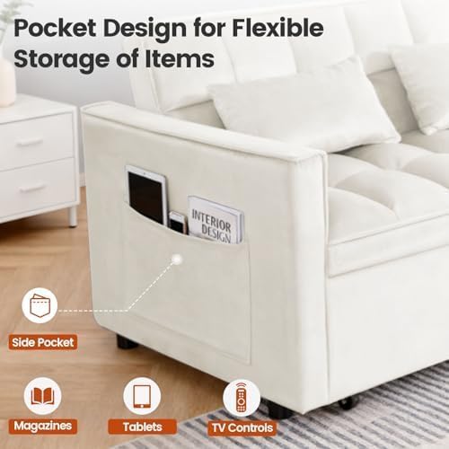 54" Convertible Pull Out Sofa Bed with Adjustable Backrest, White