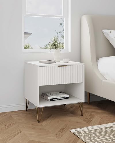 Manhattan Comfort Dumbo Fluted Nightstand with Drawer and Open Shelf, Gold Hairpin Legs and Metal Handle, Snap Tool-Free Assembly, Modern Bedside Accent Table for Bedroom, Office, Living Room in White