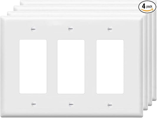 Decorator Wall Plates 3-Gang Switch Outlet Electrical Cover Plate Unbreakable Thermoplastic Faceplate for Light Receptacle Outlet Switch, White (4 Pack)
