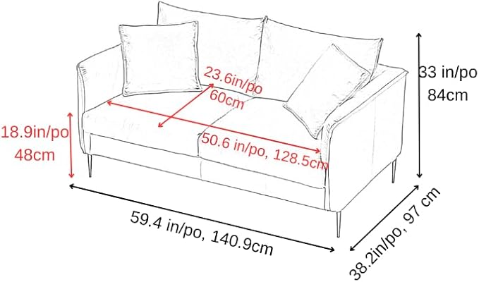 Valencia Jasper Cognac Tan Brown 60" Loveseat Full Leather Couch | Mid Century Leather Sofa with 2 Pillows for Living Room Furniture | Plush Cushions, Nappa Leather Lounge Couch