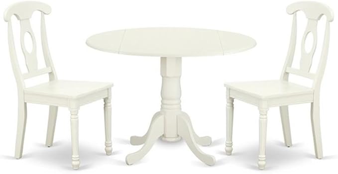 East West Furniture DLKE3-LWH-W 3 Piece Dining Room Table Set Contains a Round Kitchen Table with Dropleaf and 2 Dining Chairs, 42x42 Inch, Linen White