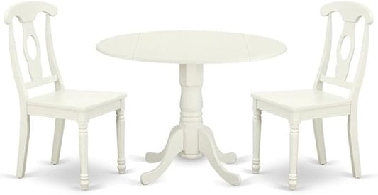 East West Furniture DLKE3-LWH-W 3 Piece Dining Room Table Set Contains a Round Kitchen Table with Dropleaf and 2 Dining Chairs, 42x42 Inch, Linen White