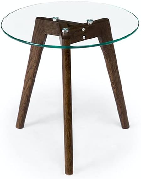 Tempered Glass Small End Table, Mnimalist Round Side Table, Mid-Century Modern End Side Table for Living Room Bedroom Small Spaces Office, with Triskele Walnut Wood Legs (15.7" D x 15.7" H)