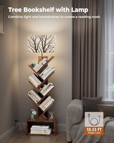 Evermagin 6 Tier Tree Bookshelf with Light, Bookcase, Branch Pattern