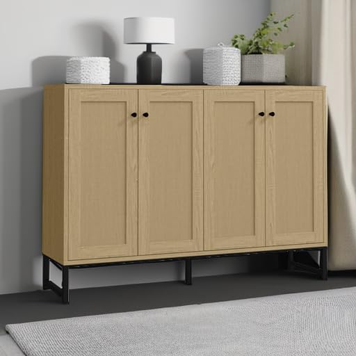 Panana Sideboard Accent Storage Cabinet with Rattan Decorated 4 Doors Dining Room Freestanding Kitchen Buffet Table Cupboard (Natural)