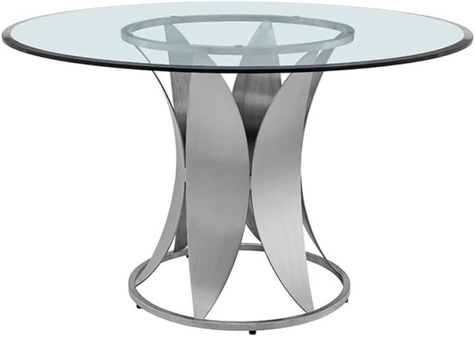 Armen Living Petal Modern Glass Round Pedestal Dining Table, 48 in x 48 in x 30 in, Brushed Stainless Steel Finishing