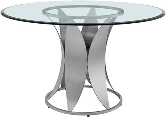 Armen Living Petal Modern Glass Round Pedestal Dining Table, 48 in x 48 in x 30 in, Brushed Stainless Steel Finishing