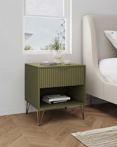 Manhattan Comfort Dumbo Fluted Nightstand with Drawer and Open Shelf, Gold Hairpin Legs and Metal Handle, Snap Tool-Free Assembly, Modern Bedside Accent Table for Bedroom or Living Room in Olive Green