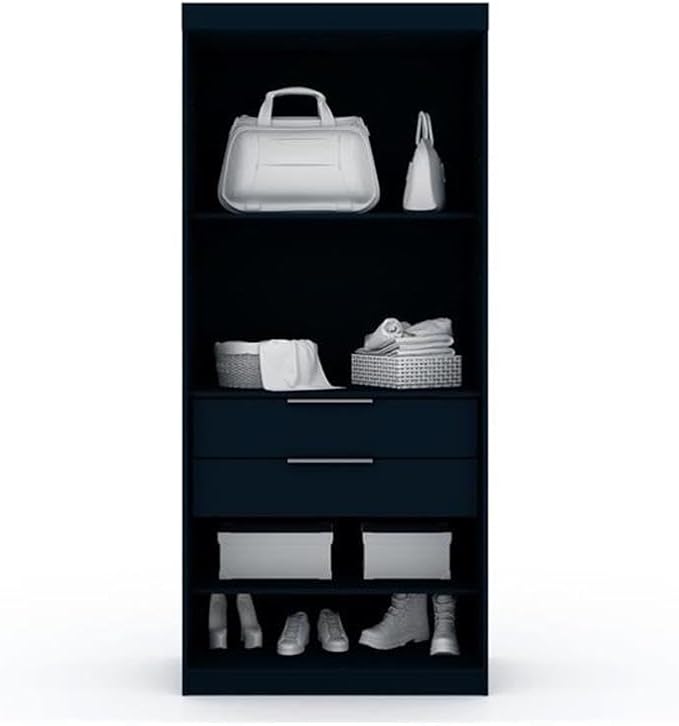 Manhattan Comfort Mulberry 2.0 Corner Wardrobe Closet with Drawers, Hanging Rods and Adjustable Shelves, 2-Piece Free Standing Semi Open Sectional Design for Bedrooms & Dressing Rooms, Midnight Blue