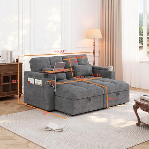 Convertible Sectional Sofa Bed with Storage, Tray & USB Port, Grey
